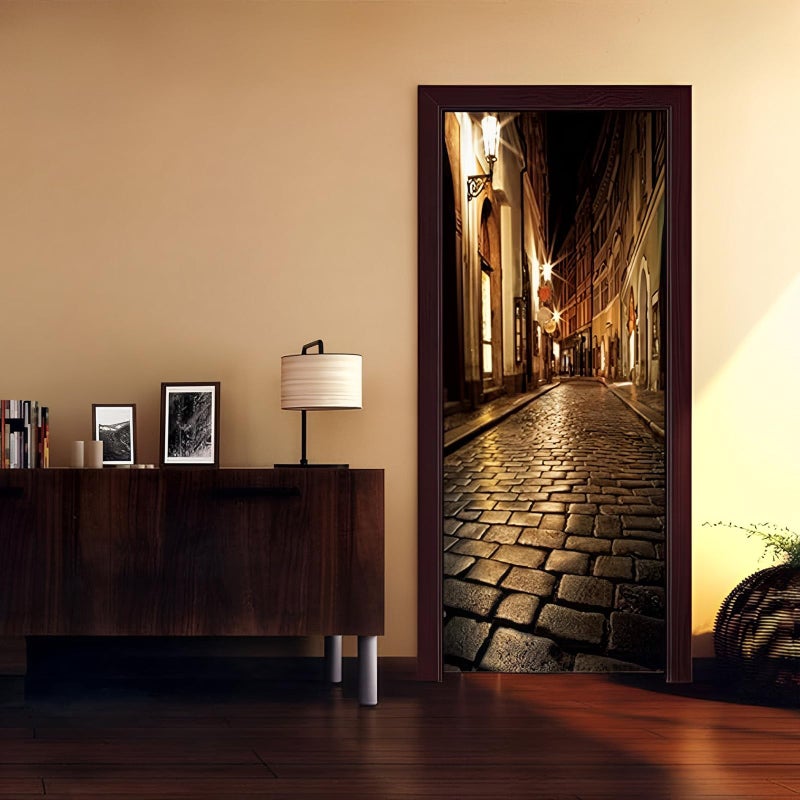 CUGBO Door Wallpaper Murals 3D Alley at Night Door Wallpaper Sticker Self Adhesive Vinyl Removable Art Doors Decals for Home Decoration - Image 1